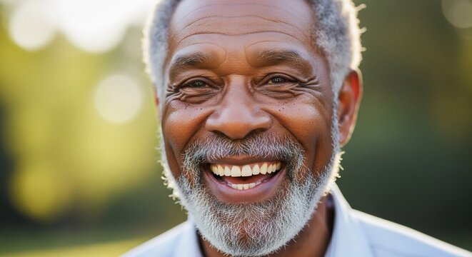 Joyful Senior Portrait: A smiling elderly man with a grey beard radiates happiness and contentment, with a soft, blurred green background suggesting an outdoor setting.