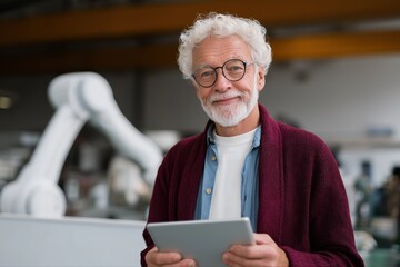 Elderly caucasian male in industrial setting with tablet