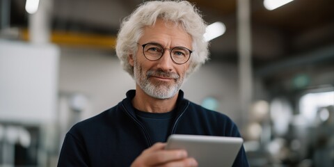 Mature caucasian male with glasses using tablet in modern workspace