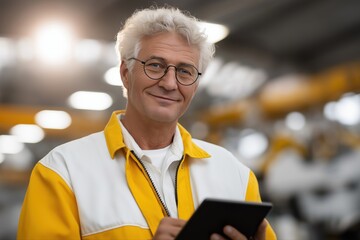 Elderly caucasian male engineer in yellow jacket using tablet in industrial setting