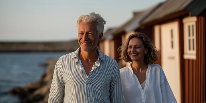 Mature caucasian couple enjoying a beach stroll at sunset near coastal cottages