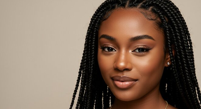 Elegant Braided Hairstyle: A striking portrait of a young Black woman with intricate box braids, her confident gaze and radiant smile exuding natural beauty and modern style.