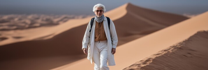 Elderly caucasian male adventurer exploring desert dunes