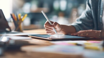 Close up of female designer's hands using stylus pen on digital tablet while working on creative project in modern office environment, surrounded by colorful notes and stationery
