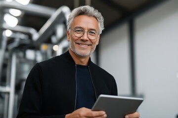 Mature caucasian male in black jacket holding tablet in modern industrial setting