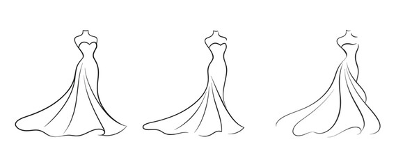 Elegant bridal dress line art set with flowing train silhouettes