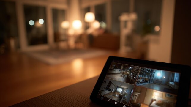 Modern home security system displayed on a tablet, showcasing multiple rooms of a house at night, providing safety and peace of mind through advanced monitoring and surveillance technology - Powered by Adobe