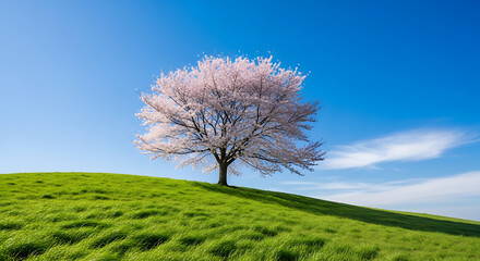 Lone cherry blossom tree in full bloom on a grassy hill under a blue sky