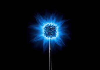 Element Polonium (Po) A scientific visualization. In a total vacuum, a microscopic speck of Polonium-210 is mounted on a fine needle