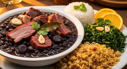 Fototapeta premium Close up of feijoada a brazilian stew of beans with beef and pork served with rice and sides