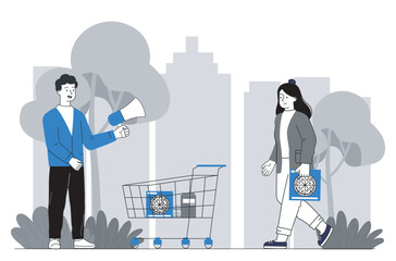 Man promoting pizza to shopper in park. Vector illustration