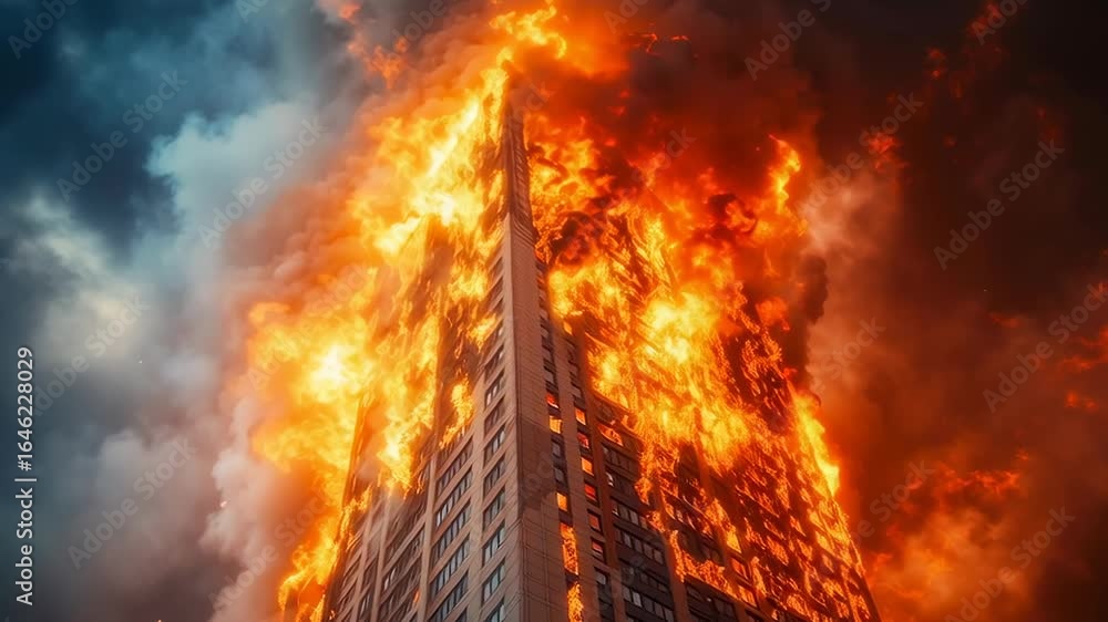 Poster a building is on fire with a large fire on top of it. the fire is so big that it is almost touching 