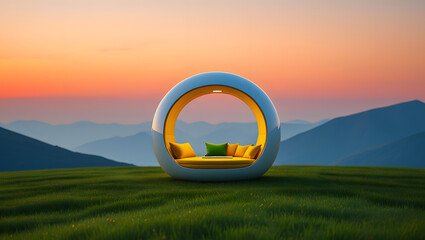 Serene Sunset: Modern Outdoor Daybed on Mountaintop Meadow