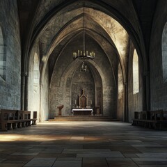 Stone Church Interior with Arched Apse and Empty Altar Space
