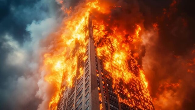 A building is on fire with a large fire on top of it. The fire is so big that it is almost touching the clouds