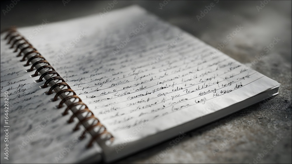 Poster notebook filled with handwritten notes textured paper and sharp focus
