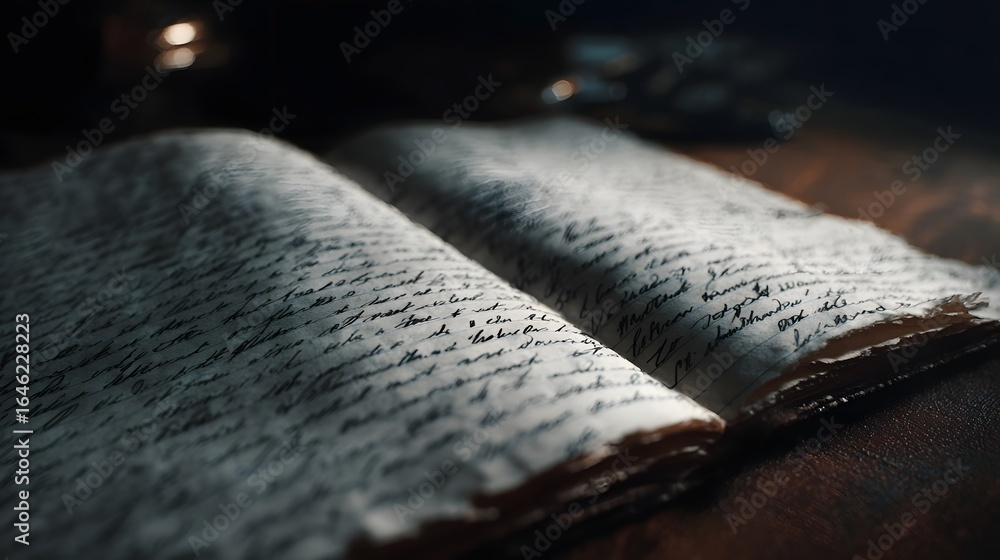 Poster weathered notebook filled with handwritten notes and intricate textures