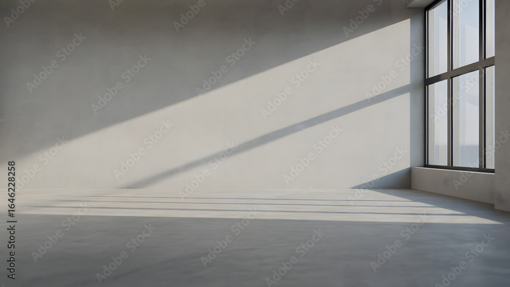 Poster an empty room with a large window casting shadows across the wall and floor in a minimalist style