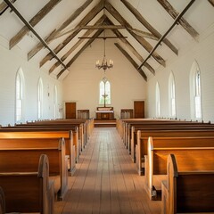 Historic Church Interior with Vaulted Ceiling and Open Pews