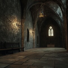 Obraz premium Medieval Church Interior with Rough Stone Walls and Textured Lighting