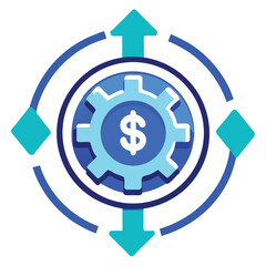 A cash flow icon with a dark blue gear and light blue arrows indicating money moving both into and out of the center. on white background