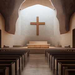 Modern Empty Church Interior with Altar and Cross in Natural Light