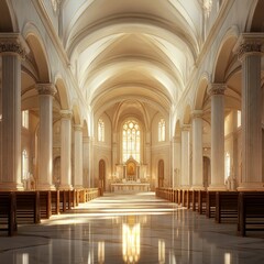 Fototapeta premium Elegant Marble Nave with Glowing Columns in Catholic Church Interior