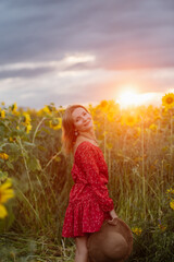 A woman walking through a field of sunflowers