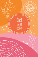 Get well soon - Schriftzug in englischer Sprache - Gute Besserung. Karte mit Zweigen und geometrischen Formen in Pink und Orange.