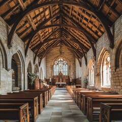 High Wooden Ceiling in Stone Chapel with Aisles and Natural Light