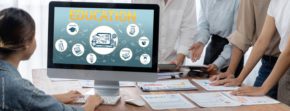 Poster e-learning website with sofware for student to study online on the internet network brisk