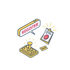 "Vector Registration Icon &ndash; Stylized Illustration Featuring 'REGISTER' Speech Bubble, Clipboard with Checkmark, and 'NOW' Button with Joystick &ndash; Flat Design Representing Signup, Enrollment, User Onboa