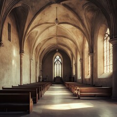 Fototapeta premium Serene Interior of an Empty Monastery Chapel with High Stone Arches