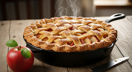 A steaming apple pie with lattice crust in a cast iron skillet on a wooden table with an apple beside it