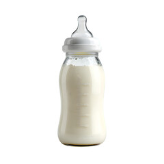 A clear baby bottle filled with white milk and a white nipple cap isolated on transparent background