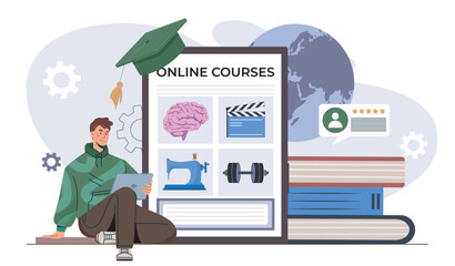Online education concept with student.. Vector illustration