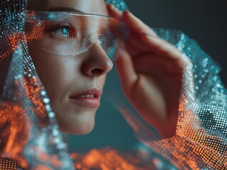 Futuristic woman using augmented reality glasses, experiencing digital data overlay in a modern, high-tech environment