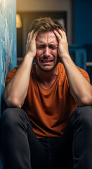 A man sits on the floor with his head in his hands, crying.