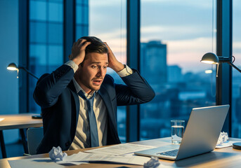 A man in a suit looks shocked and overwhelmed while looking at his laptop in an office at night.