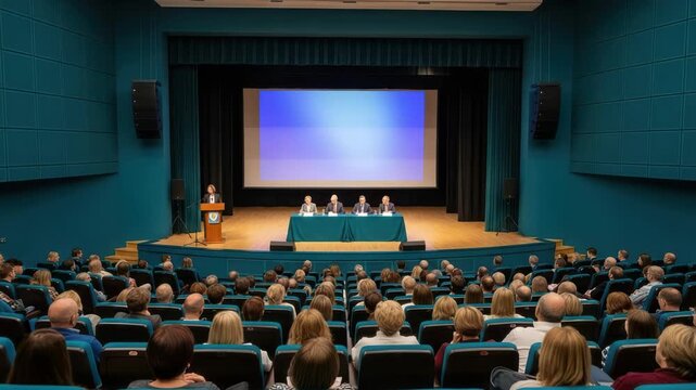 A speaker addresses an attentive audience in a modern auditorium during a conference or presentation event, with a large screen displaying a blue gradient on stage