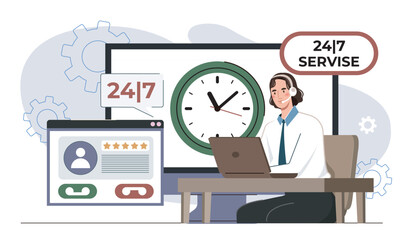 24 7 customer support service concept. Vector illustration