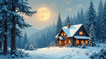 Fototapeta premium Fairytale winter landscape, cozy house in snowy forest. Retro postcard Merry Christmas and Happy New Year 