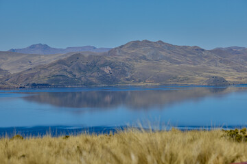 Obraz premium Deep blue waters embrace golden highland hills at Lagunillas Lake near Puno — a serene Andean sanctuary of beauty and calm