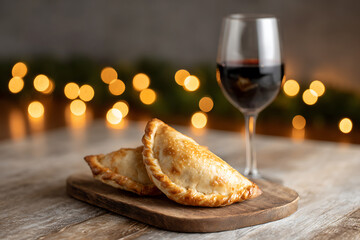 latin food and wine, traditional empanadas and chilean wine on a rustic wooden table, with festive decor in the background in a close-up shot