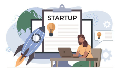 Startup launch concept with rocket and ideas. Vector illustration