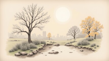 Serene landscape sketch featuring a tranquil river and autumn trees under a soft sun