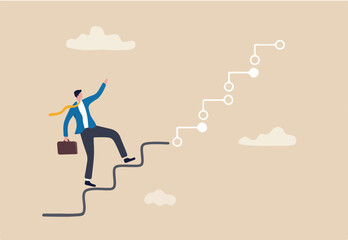 Digital transformation, company use technology and innovation to optimize workflow and change future concept, businessman corporate leader climbing up analog stair to transform into digital step.