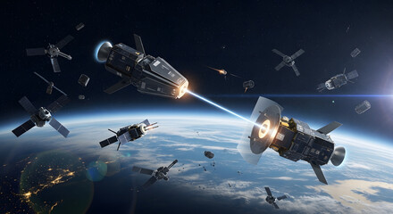 Satellites engage in space warfare with one using an energy shield to deflect a laser blast illustrating futuristic military defense technology.