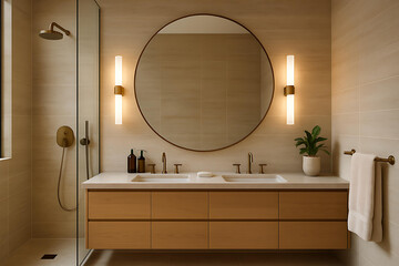 Modern washroom interior featuring sleek wall mounted mirror design