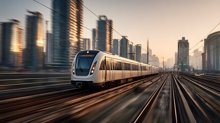 Naklejka premium Modern train moving rapidly through urban cityscape.